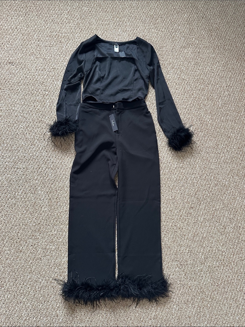 Lulu's Black Wide-Leg Feather Trim Pants